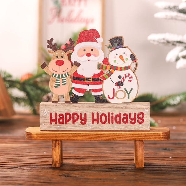 Fiudx Liquidación de ahorros de verano Adornos navideños de madera Adornos de escritorio para casas pequeñas Escena de regalo de Navidad Decoración