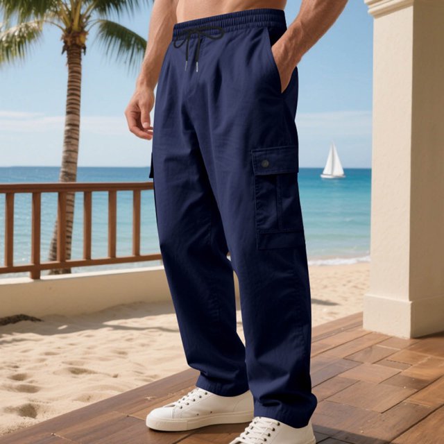 Leodye Men’s Solid Color Workwear Drawstring Multi-Pocket Casual Pants Comfortable Durable Cargo Pants Navy M(M)