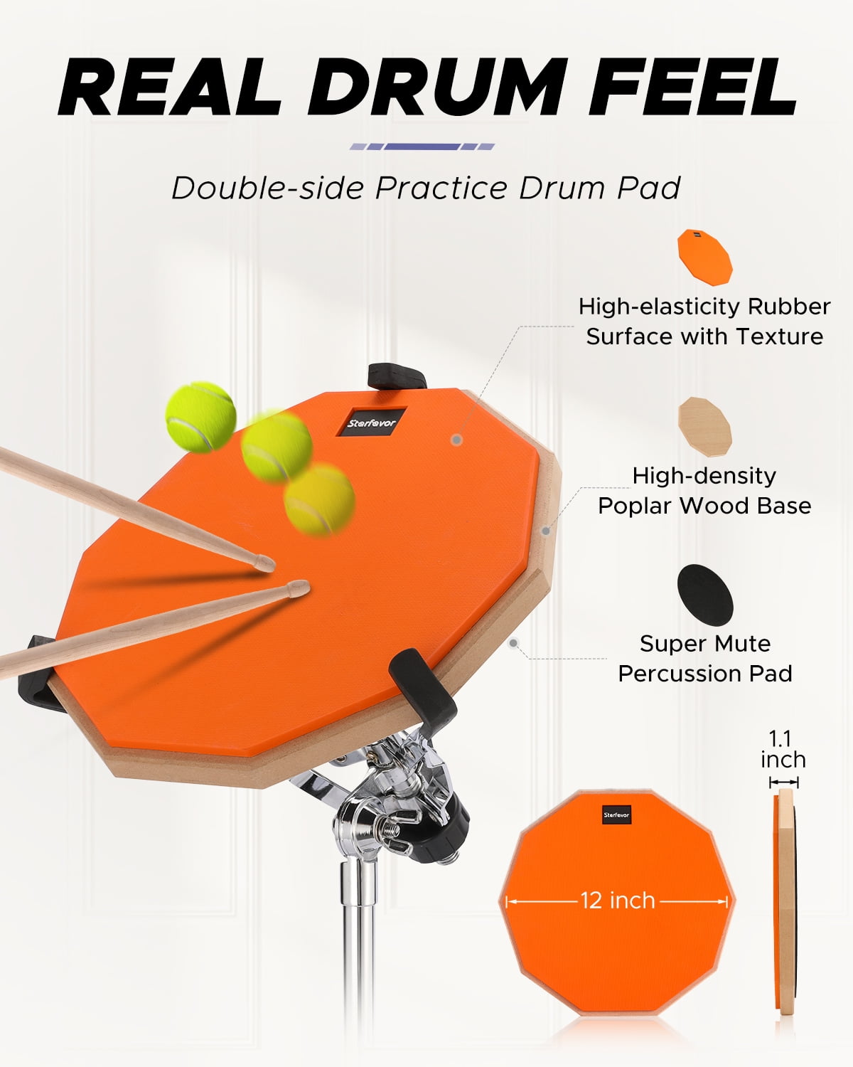 Starfavor Drum Practice Pad with Snare Drum Stand 12 Inch Double