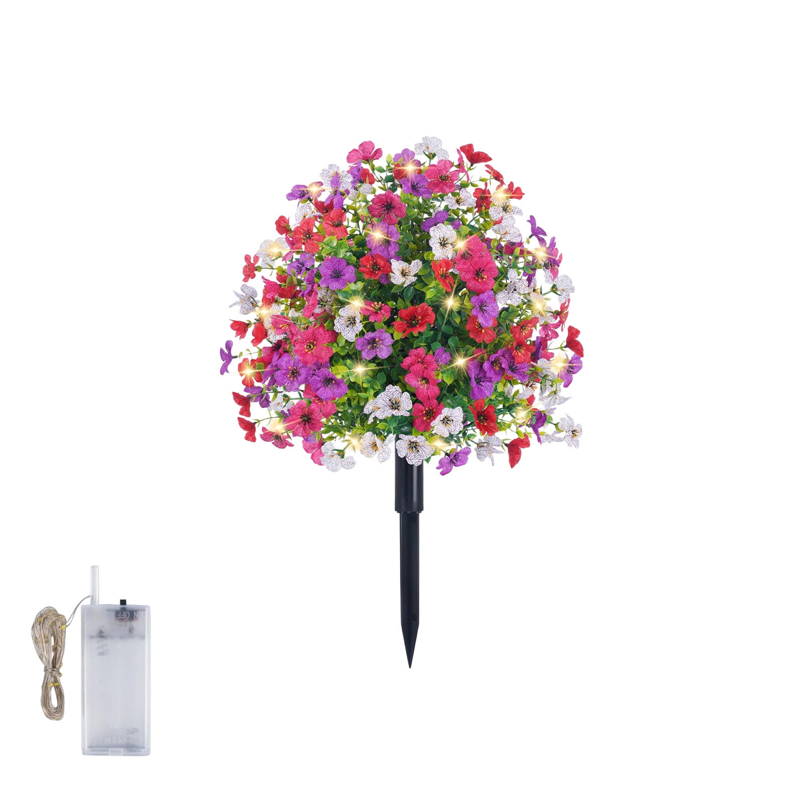 Roiihwy Violet Artificial Flowers for Outdoors, UV Resistant Artificial Outdoor plants Bouquet with LED String Lights and Ground Spike for Outside Porch Patio Home Garden Yard Decor
