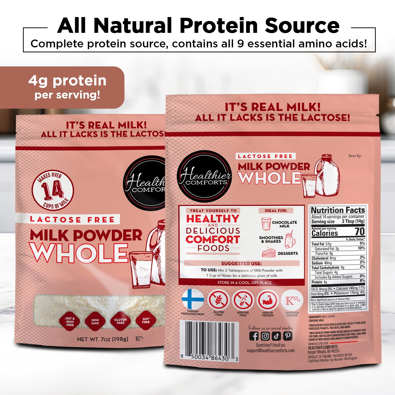 Healthier Comforts Lactose Free Whole Milk Powder 21oz | Non-GMO, rBST Hormone Free, Kosher, Gluten Free, No Fillers | Baking, Coffee Creamer, Shakes, Pantry Staple, Camping