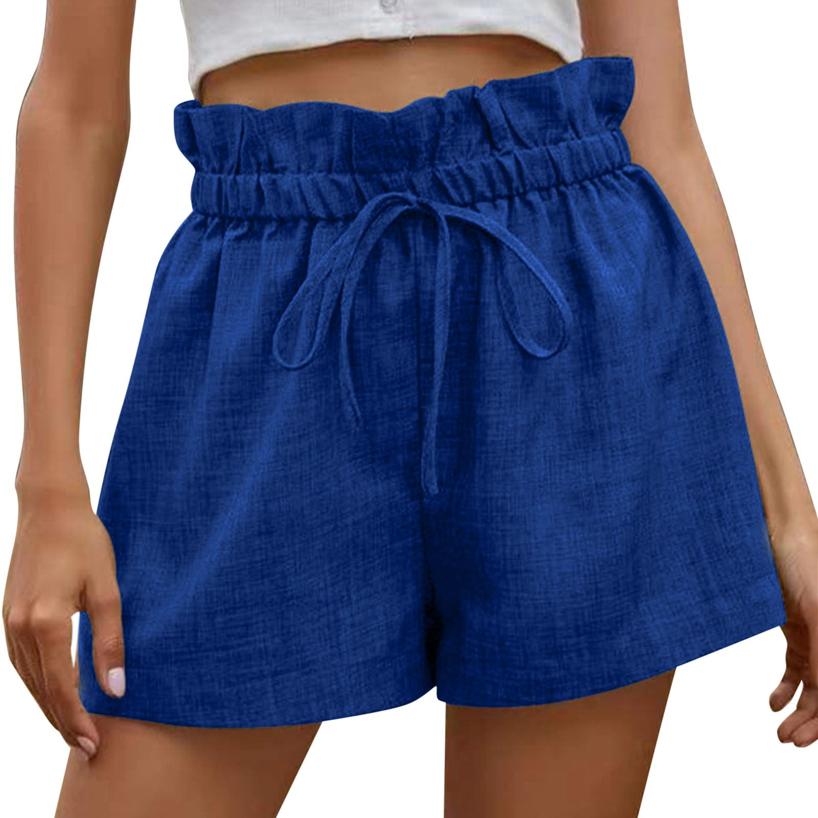 Women Shorts Casual Solid Color High Waist Cotton Linen Shorts Elastic ...