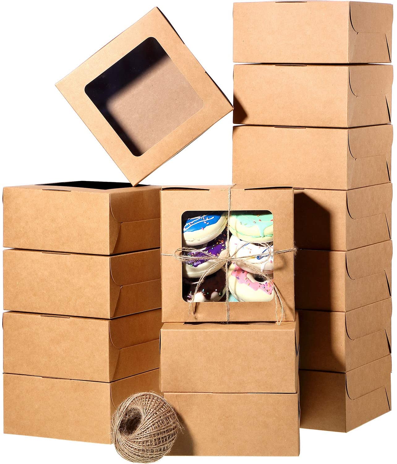 50 Pieces Brown Bakery Box and 80 M Rope with Display Window Paper Board Cardboard Gift