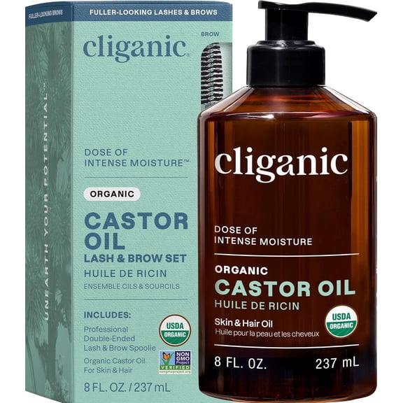 Cliganic Organic Castor Oil, Pure Hair Oil with Eyelash Kit for Eyelashes, Eyebrows, Hair and Skin, 8 fl oz