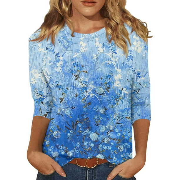 Camisas de manga 3 4 para mujer Camisetas con estampado lindo Blusas Casual Tallas grandes Tops basicos Jersey azul real 4XL Walmart en linea