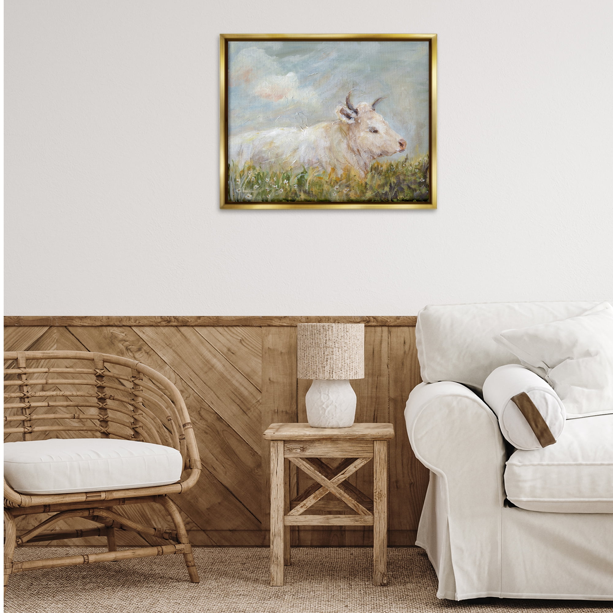 Stupell Industries Subtle Cattle Sun Bathing Animals Painting Gold Floater Framed Canvas Art Print Wall Art, 31 x 25