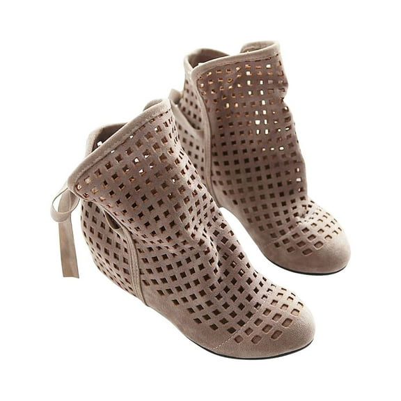 hopeusnice Women's Wedges Ankle Booties Casual Hollow out Open Toe Suede Boots Lace Up Comfortable Breathable Shoes Beige 36