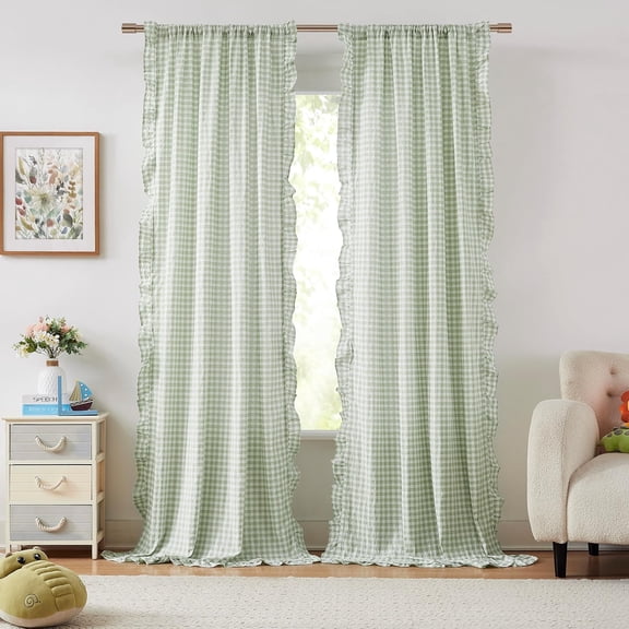 Buffalo Plaid Ruffled Sheer Curtains, Sage Green, 40" W x 84" L, Rod Pocket, Pack of 2