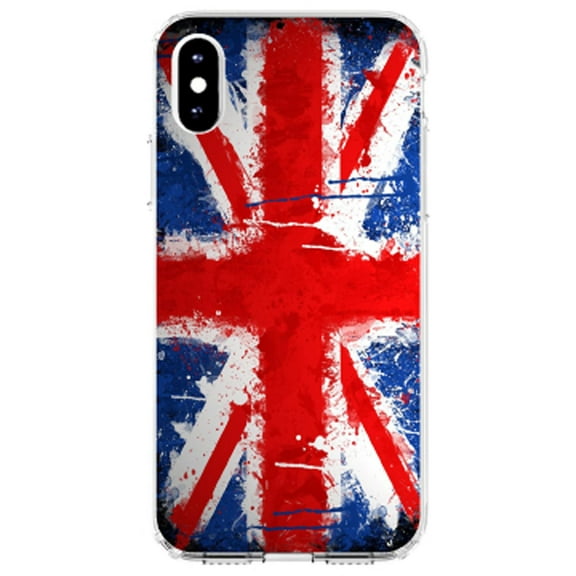 DistinctInk Clear Shockproof Hybrid Case for iPhone XR (6.1" Screen) - TPU Bumper, Acrylic Back, Tempered Glass Screen Protector - Red White Blue British Flag Graffiti - Show Your Love of the UK