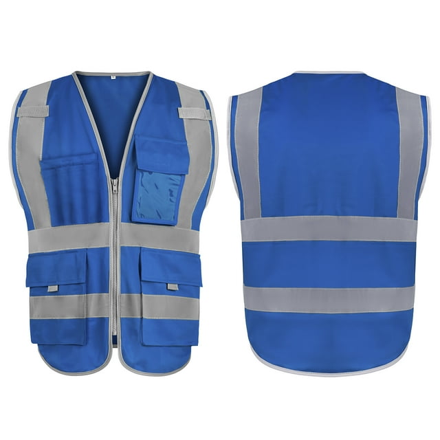 GOGO Big & Tall 9 Pockets High Visibility Zipper Front Safety Vest With Reflective Strips, Meets ANSI Standards-Blue-US XL