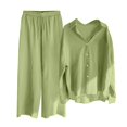 thumbnail image 4 of felwors Womens Cotton Linen Set 2Pcs Summer Casual Long Sleeve Collar Button Down Shirt Elastic Waist Loungewear Pants(Green, L), 4 of 4