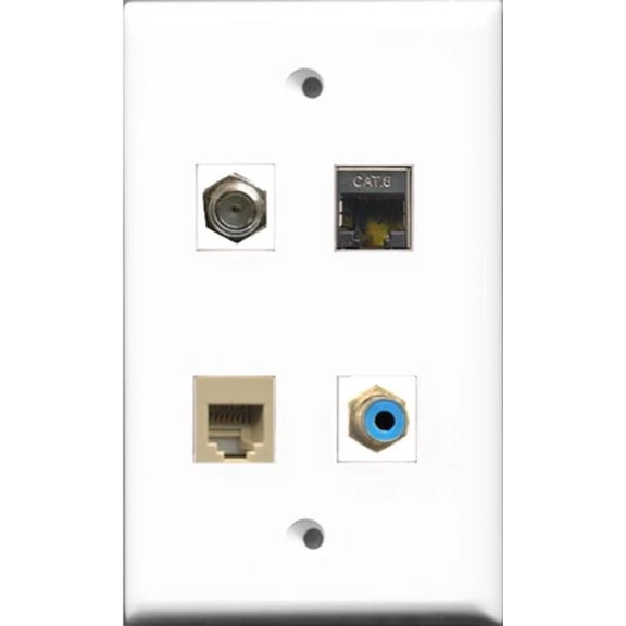 RiteAV 1 Port RCA Blue and 1 Port Coax Cable TV- F-Type and 1 Port Phone RJ11 RJ12 Beige and 1 Port Shielded Cat6 Ethernet Wall Plate