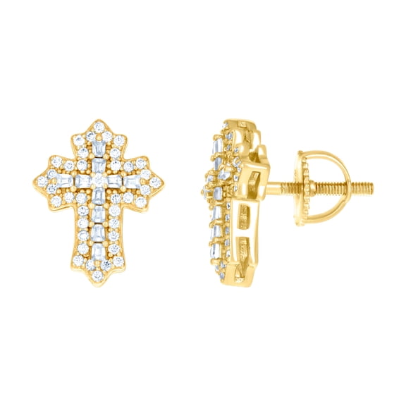 925 Sterling Silver Yellow-tone Womens 0.42ct Round 0.74ct Baguette Moissanite Cross Religious Stud Earrings 14.8x11.5mm