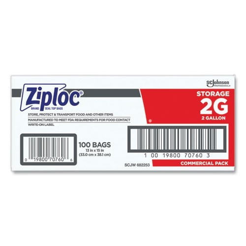 Ziploc Double Zipper Storage Bags, 2 Gallon, 15" x 13", Clear, 100/Carton