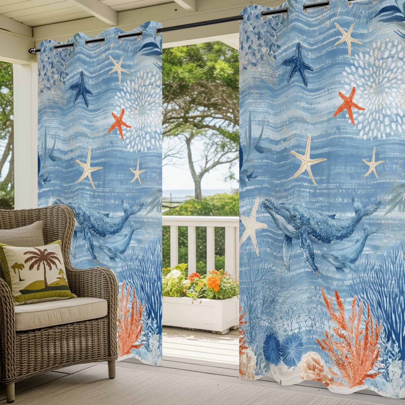 Ocean Whale Outdoor Curtains for Patio, Orange Blue Theme Summer Sea Animal Corals Starfish Sunshade Privacy Drapes Grommet Waterproof Outside Curtains for Porch/Cabana/Balcony 54"x 108", 1 Panel