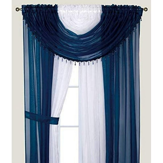Sapphire Home Complete Window Sheer Curtain Panel Set with 4 Attached Panels 55x63 Each and 2 Valances with Beads and 2 Tiebacks - Easy Installation- Navy and White