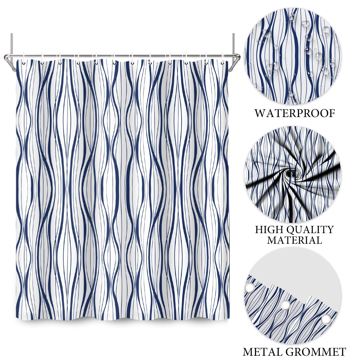 Pbobriich Abstract Striped Shower Curtain for Bathroom Navy Blue Modern Minimalist Shower Curtain with Hooks,72x78 Inches