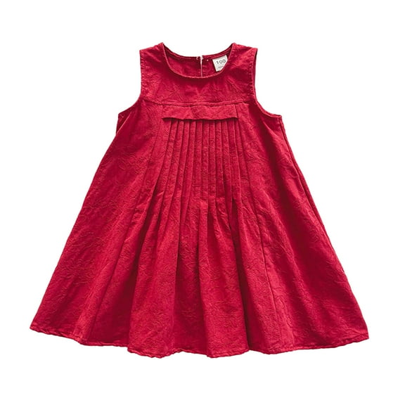 Wuxian Girls Sleeveless Dresses Solid Color Round Neck Pleated A-Line Dress Floral Print Casual Cozy Soft Dailywear Christmas Dress,Red,3-4 Years