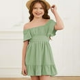 thumbnail image 4 of Weryoung Girls Summer Tie Back Dress Tween Kids Off Shoulder Dresses Size Baby Leisure Fit And Flare Dresses,Green,10-11 Years, 4 of 9