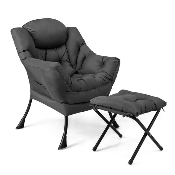 Giantex Modern Lazy Chair, Single Sofa Chair w/Ottoman, Upholstered Leisure Chairs Set for Living Room, Bedroom