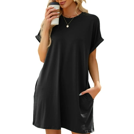 TEMOFON Womens T Shirt Dresses Summer Short Sleeve Loose Tunic with Pocket Casual Swing Dress Fashion Sundress Solid color Black...