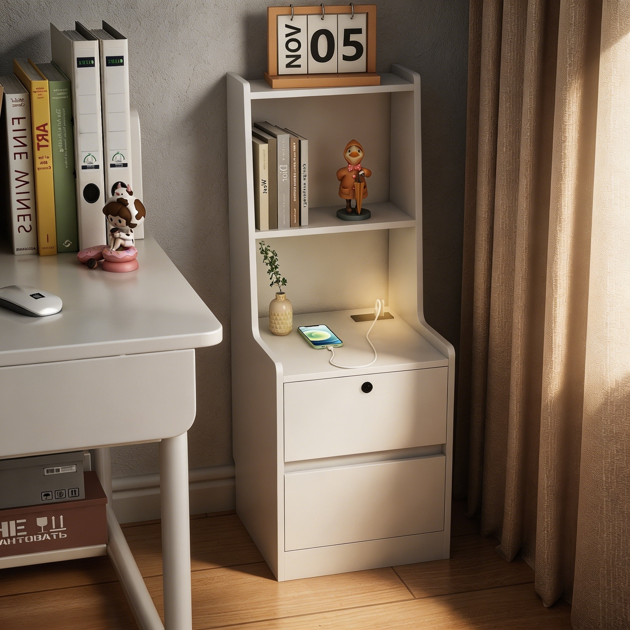 ANPPORT Modern White Smart Nightstands With Charging Station - Set Of 2