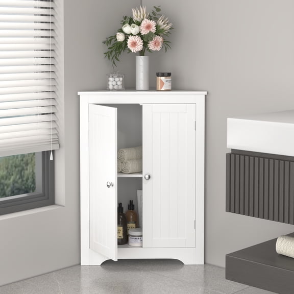 White Corner Storage Cabinet with 2 Doors and Adjustable Shelf, Freestanding Narrow Floor Cabinet Organizer for Bathroom, Kitchen, Living Room, Bedroom