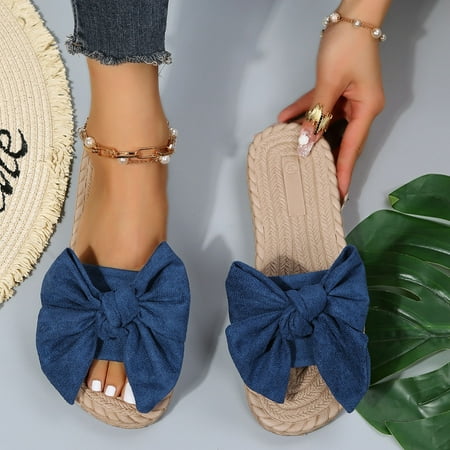 

Christmas Leisure Roman Style Weave Women s Bow Solid Color Summer Flock Non Slip Slip On Flat Beach Open Toe Breathable Sandals Shoes Slippers