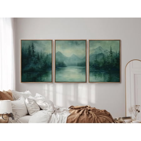 Moody Forest Lake Landscape Print Rustic Minimalist Nature Country Painting 3 Piece Wall Art Gallery Triptych Set 3, Poster Only