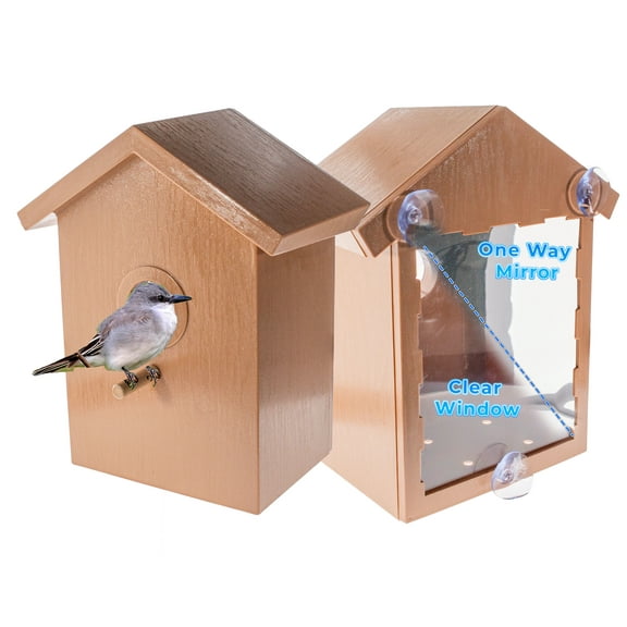 See Through Two Way Mirrored Bird House - Suction Cup Window Mounted, Weatherproof Design for Bluebirds & Sparrows