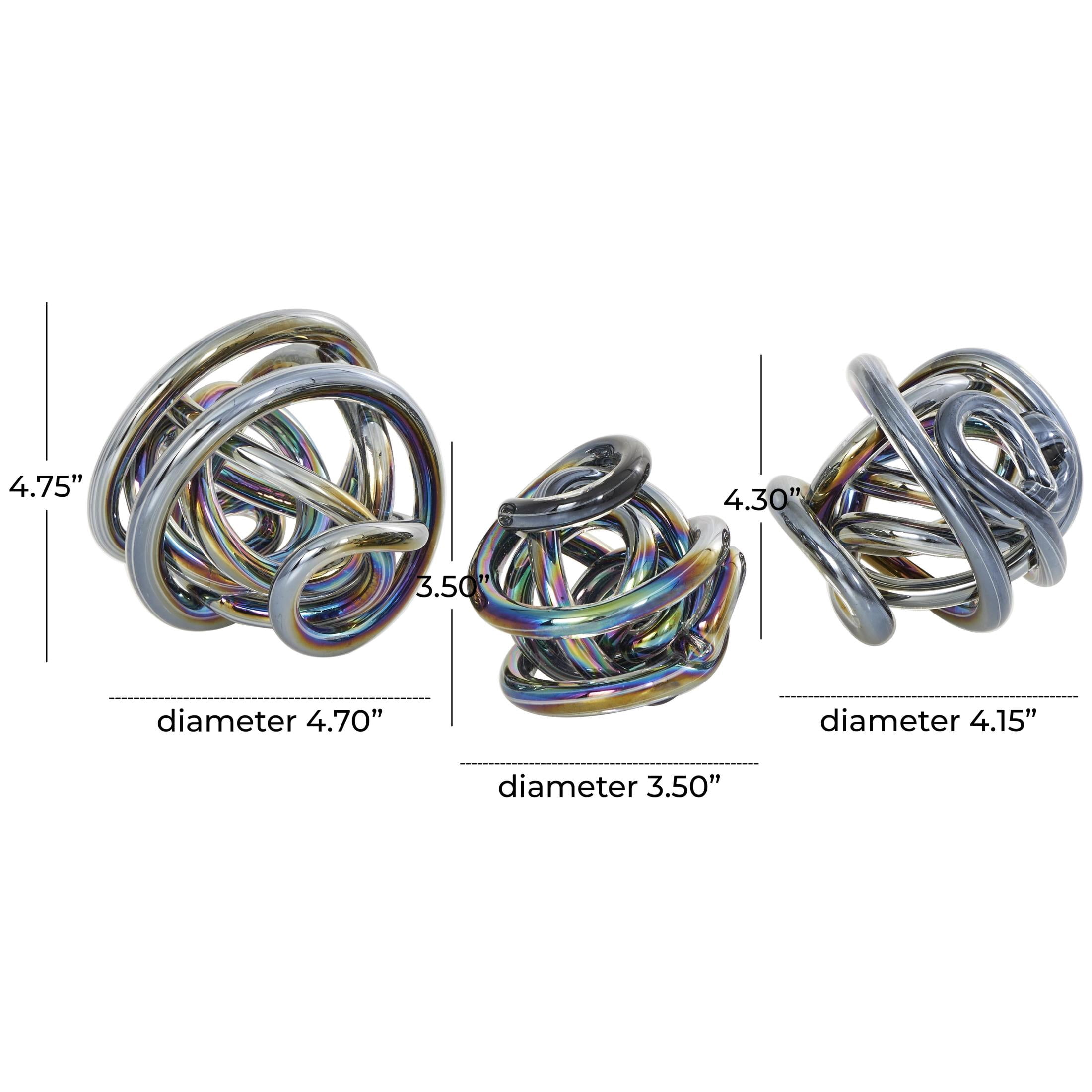 5", 4", 4"W Dark Gray Glass Handmade Iridescent Knotted Ball Abstract Sculpture, by DecMode (3 Count)
