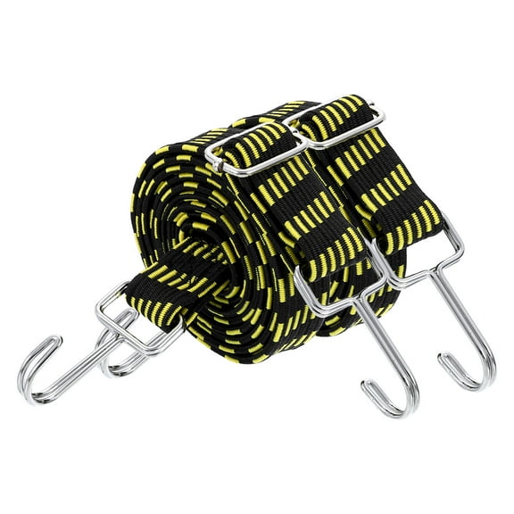 Uxcell 2 Pack Adjustable Bungee Cords with Hooks, 79 Inch Flat Heavy Duty Elasticity Straps Rubber Bungee Cords with Buckle for Outdoor, Camping, Tarp, Bike Rack, Luggage, Black Yellow