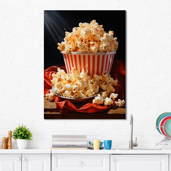 Designart "Bright Popcorn Fiesta Carnival Kernels II" Food & Beverage Canvas Wall Art - Traditional Red Popcorn Living Room Canvas Art