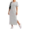 thumbnail image 3 of Women'S Crew Neck Short Sleeve All-over Striped Side Split Loose Midi Casual Dress Black & White L, 3 of 7
