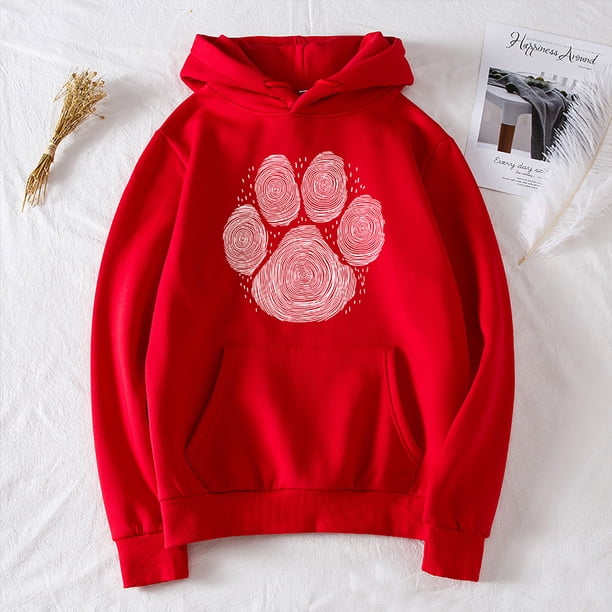 Sudadera con capucha cálida para mujer, con estampado de huellas, vellones, bolsillo, sudadera suelt Abanopi Rojo/Pequeña