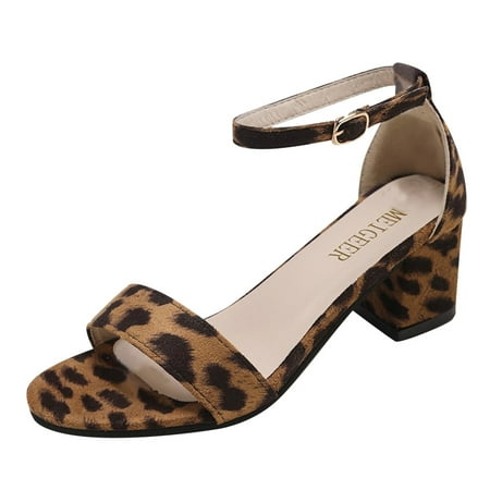 

sandals for Women Fashion Spring And Summer Women Sandals Leopard Print Round Toe High Heel Buckle Thick Heel PU heeled sandals Brown