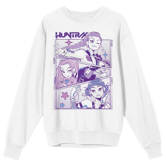 KPop Demon Hunters Rumi Mira & Zoey Panel Art Adult White Crew Neck Long Sleeve Sweatshirt-Medium