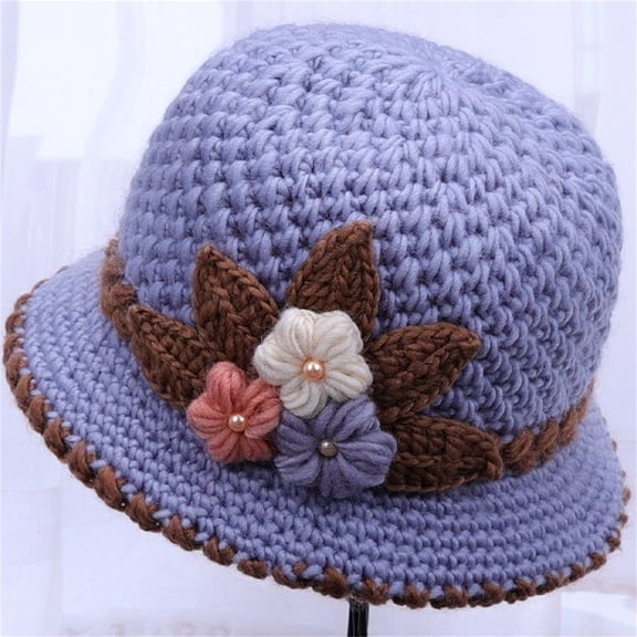 Litrail Senior Women's Winter Knitted Beanie, Floral Design, Fleece Lined Double Layer, Ear Flap, Warm Wool Blend, Stretchy One Size Fits Most, Fall Gift Hat