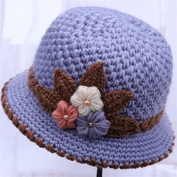 Sombrero de lana tejido floral para mujeres de invierno | Gorro de forro polar de algodón de doble capa | Ajuste elástico en calor de 21-22 pulgadas Circunferencia de cabeza | 18 cm de altura | 1