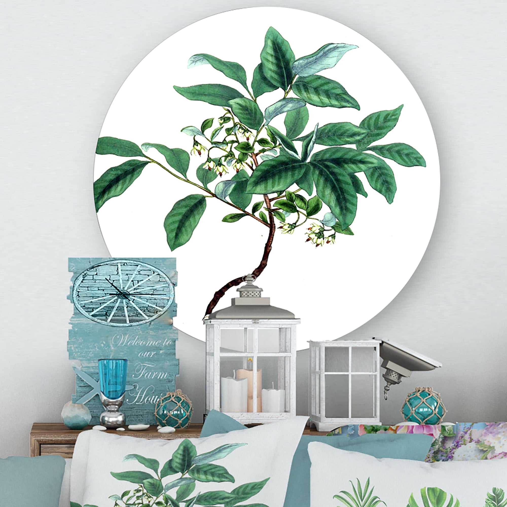 Designart 'Ancient Green Leaves Plants IV' Traditional Circle Metal Wall Art 11x11 - Disc of 11