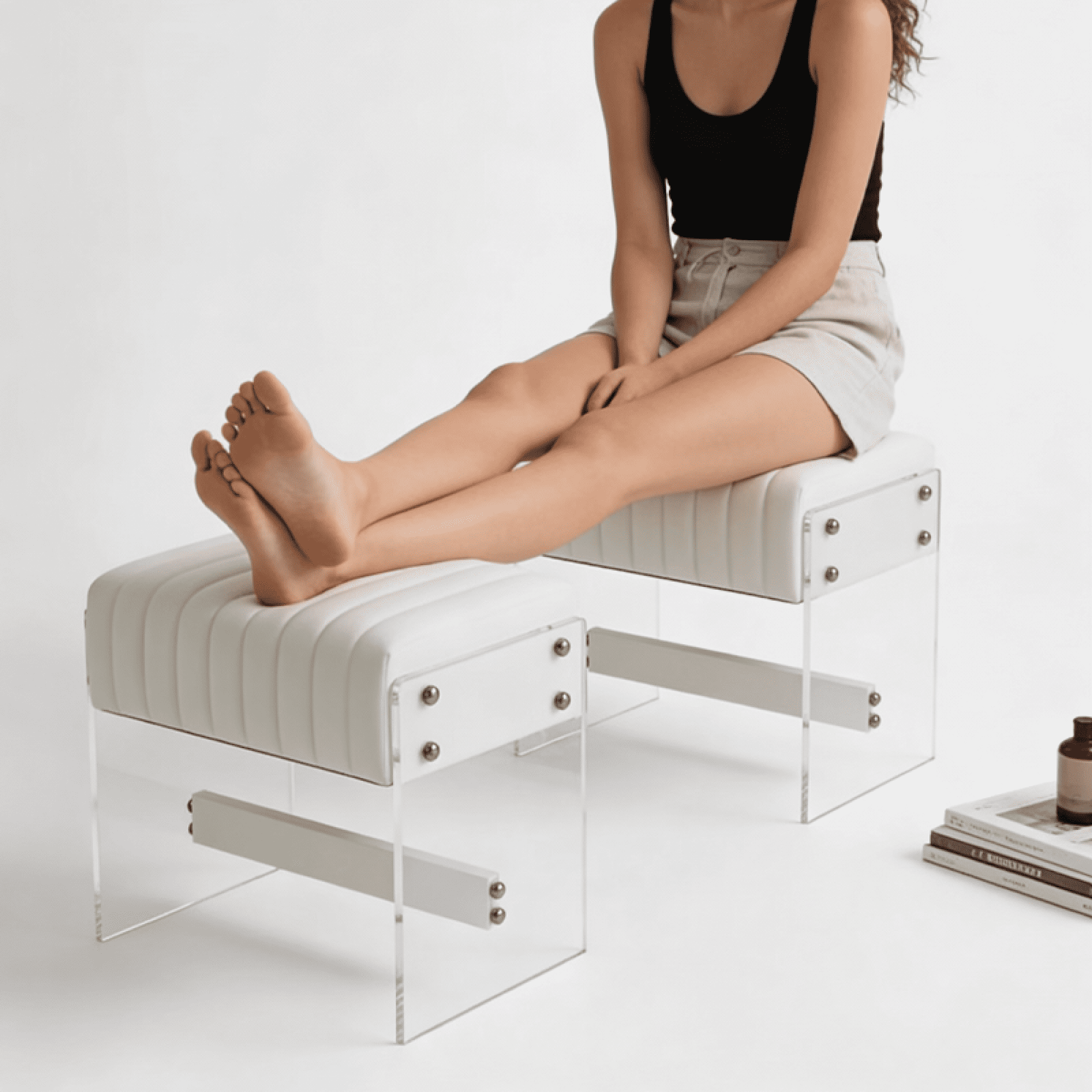 Leumius Modern Dressing Stool,White PU Leather with High-Density Sponge and Acrylic Legs for Bedroom/Entryway/Living Room