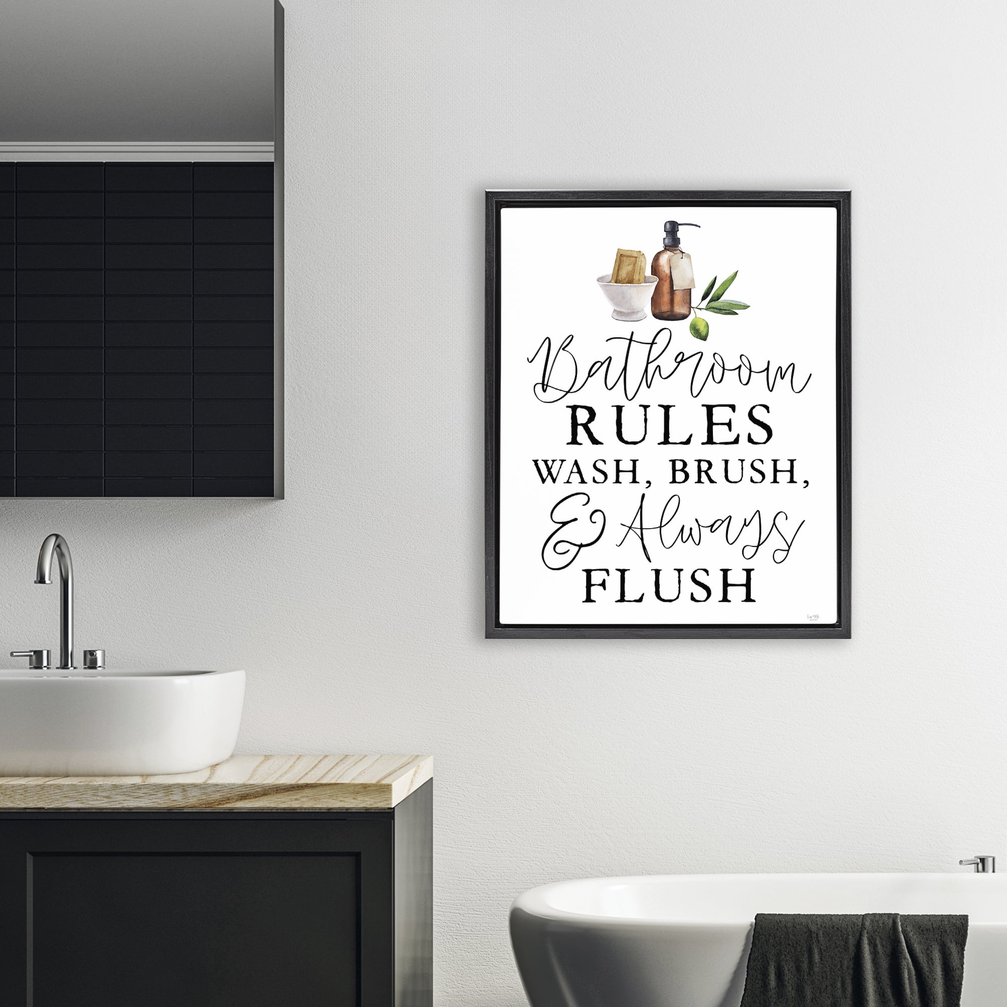 Stupell Industries Wash Brush & Always Flush Black Framed Floater Canvas Wall Art, design by Lux + Me Designs