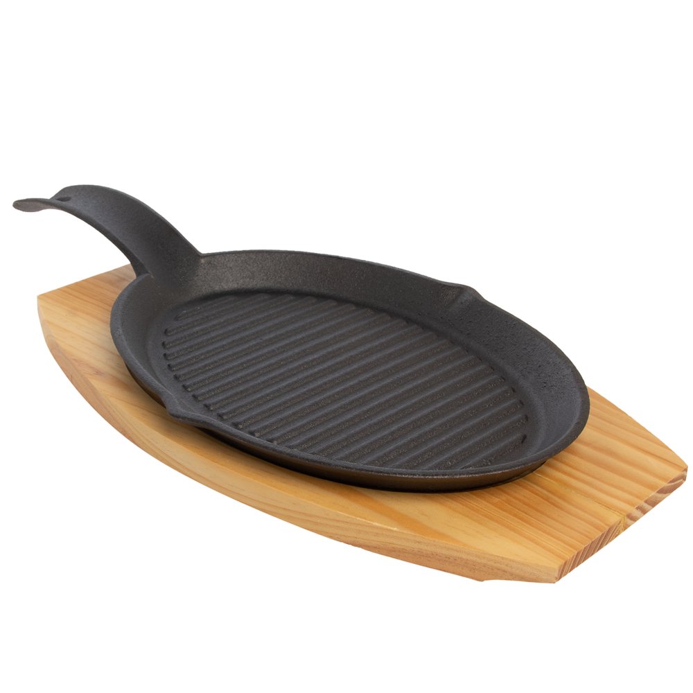 Mr. BarBQ (2 or 8 Piece) Fajita Skillet Pan Set, Cast Iron, Wood Base