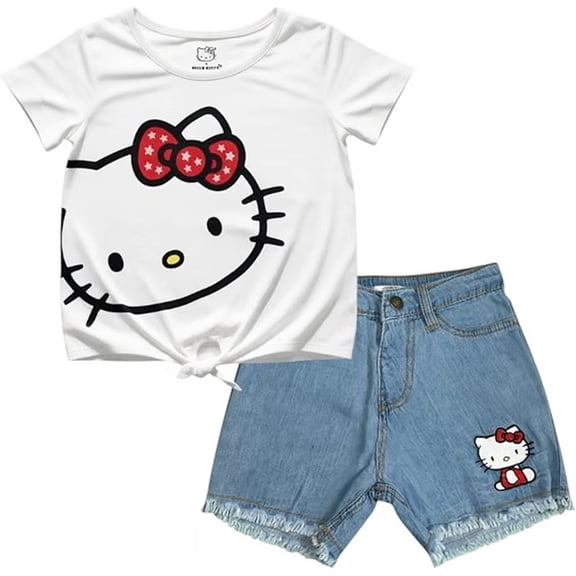 Hello Kitty Girls' 2-Piece Tie-Front Tee & Denim Shorts Outfit Set, White, 5-6