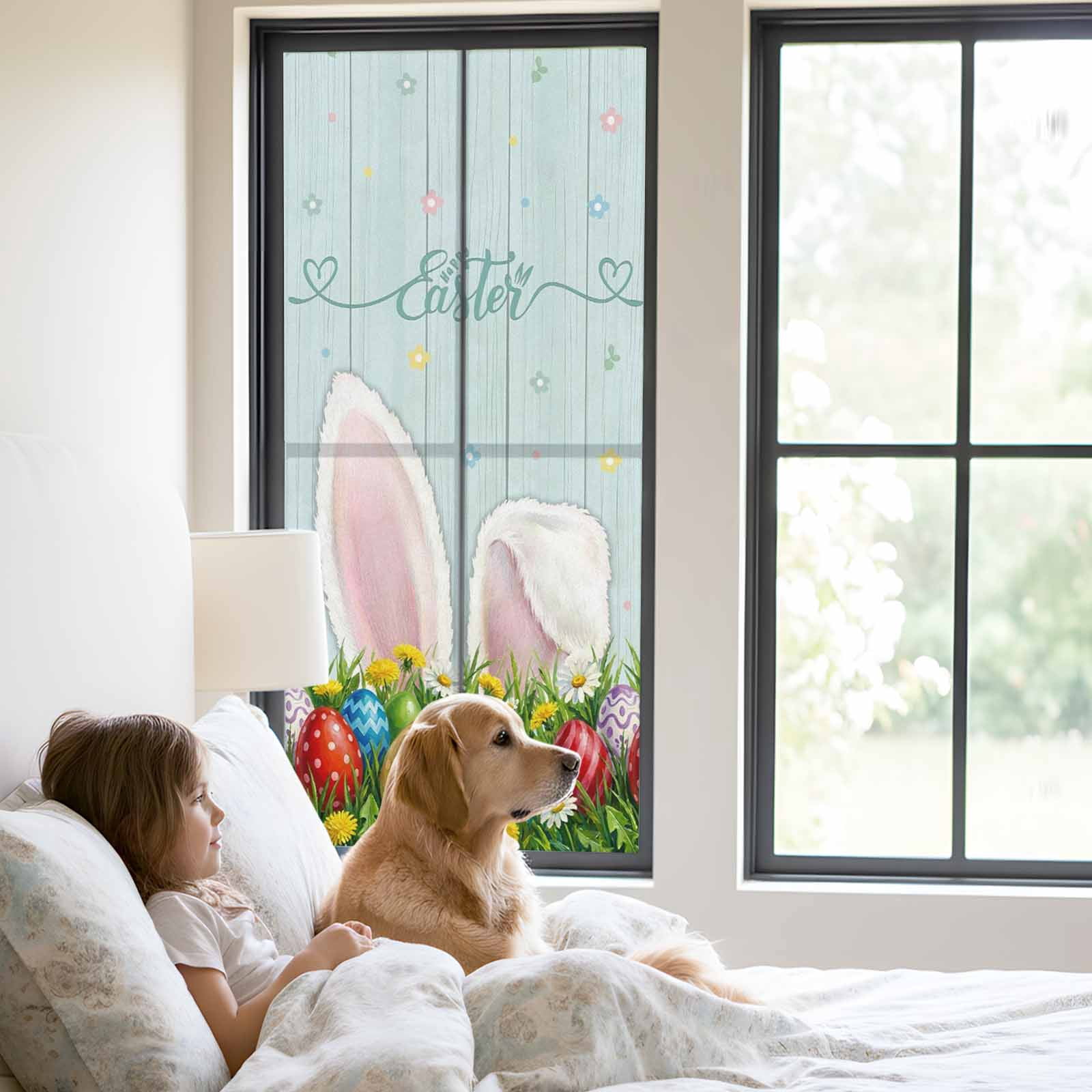 Easter Bunny Window Privacy Film, Watercolor Rabbit Colored Eggs Spring Country Leaf Wood Grain Frosted Glass Window Clings Static Cling UV Heat Blocking Reusable Sticker for Bedroom 23.6x59 Inch
