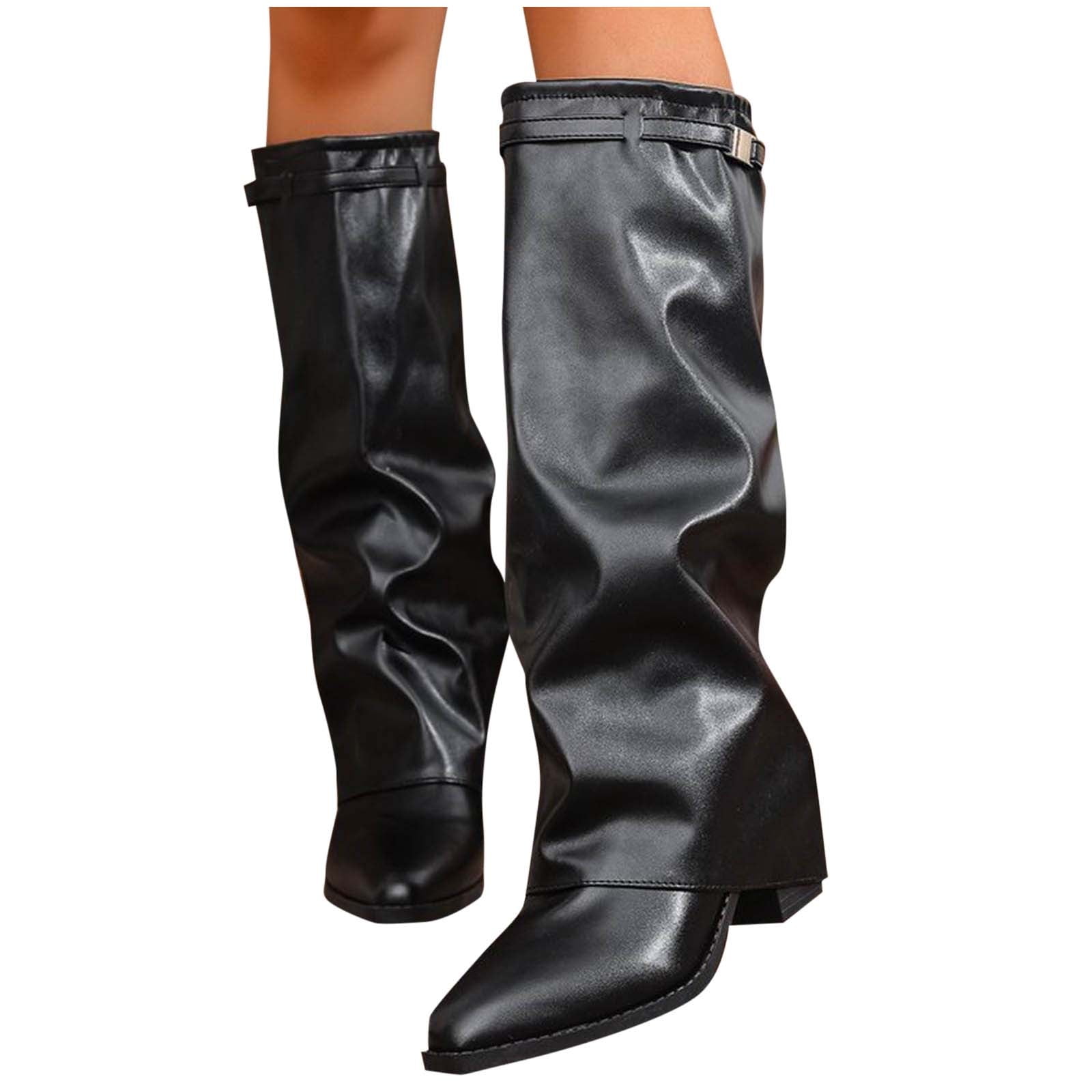 BLTIBY Fold Over Shark Boots for Women Snip Toe Chunky Heel Wide Calf Cowboy Boot Pull On Classic Fashion Party Dress Booties Black 40