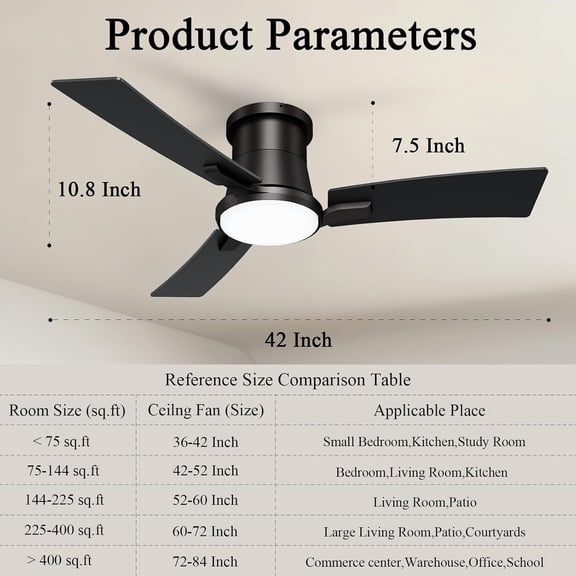42 Inch Ceiling Fan with Lights and Remote, Black Low  Flush Mount Reversible  Motor 6 Speeds 3CCT Dimmable LED for Bedroom Living Room