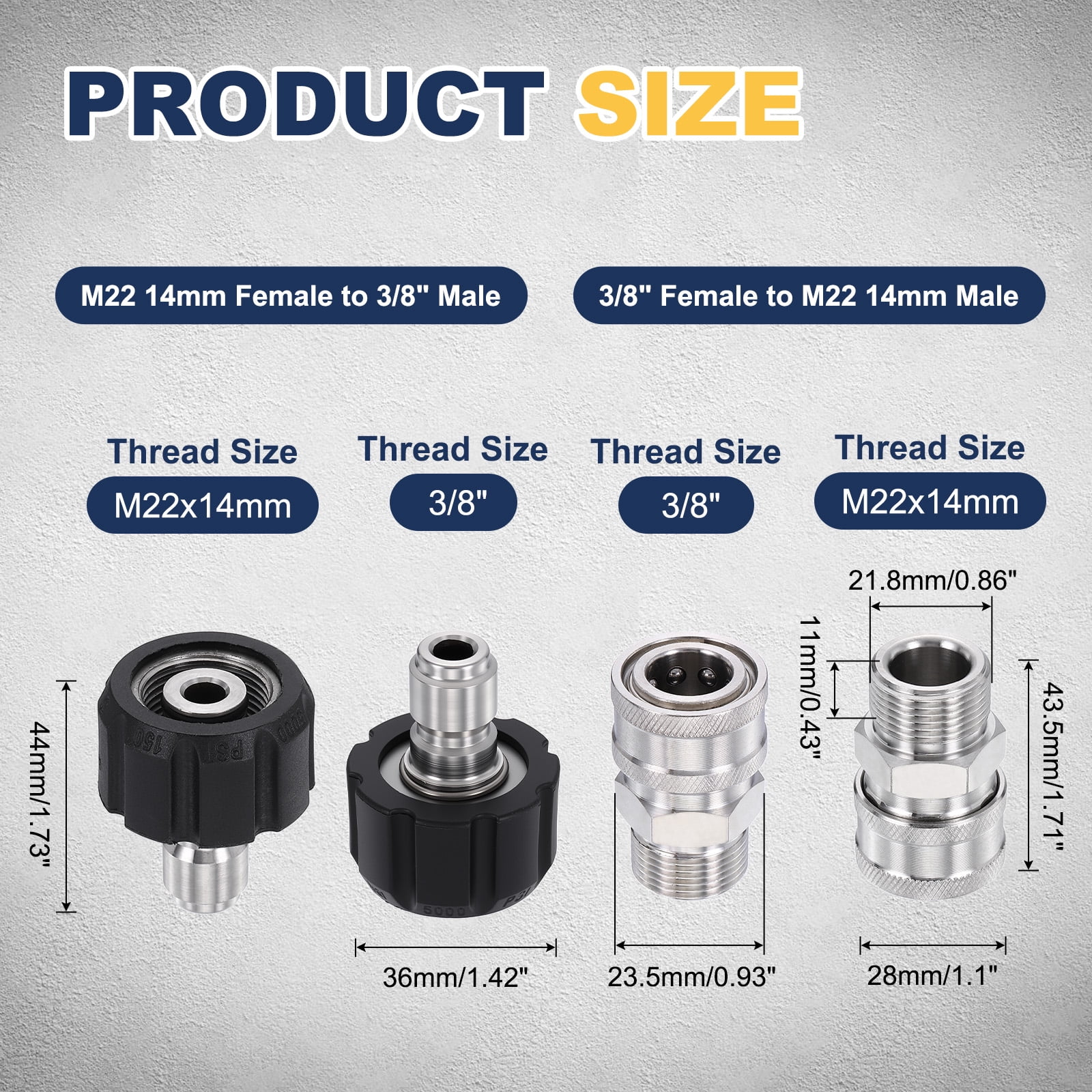 Uxcell Pressure Washer Adapter, M22 14mm Female to 3/8" Male, 3/8" Female to M22 14mm Male Stainless Steel 44mm l Quick Connect Fittings Swivel Adapter for Pressure Power Washers Hose