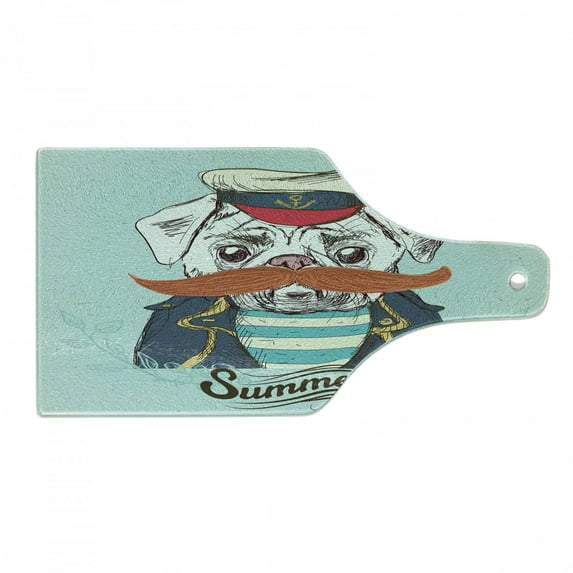 Pug Cutting Board, Captain Dog with Hat Mustache Jacket and Shirt Animal Funny Image, Decorative Tempered Glass Cutting and Serving Board, Wine Bottle Shape, Pale Blue Navy Blue, by Ambesonne