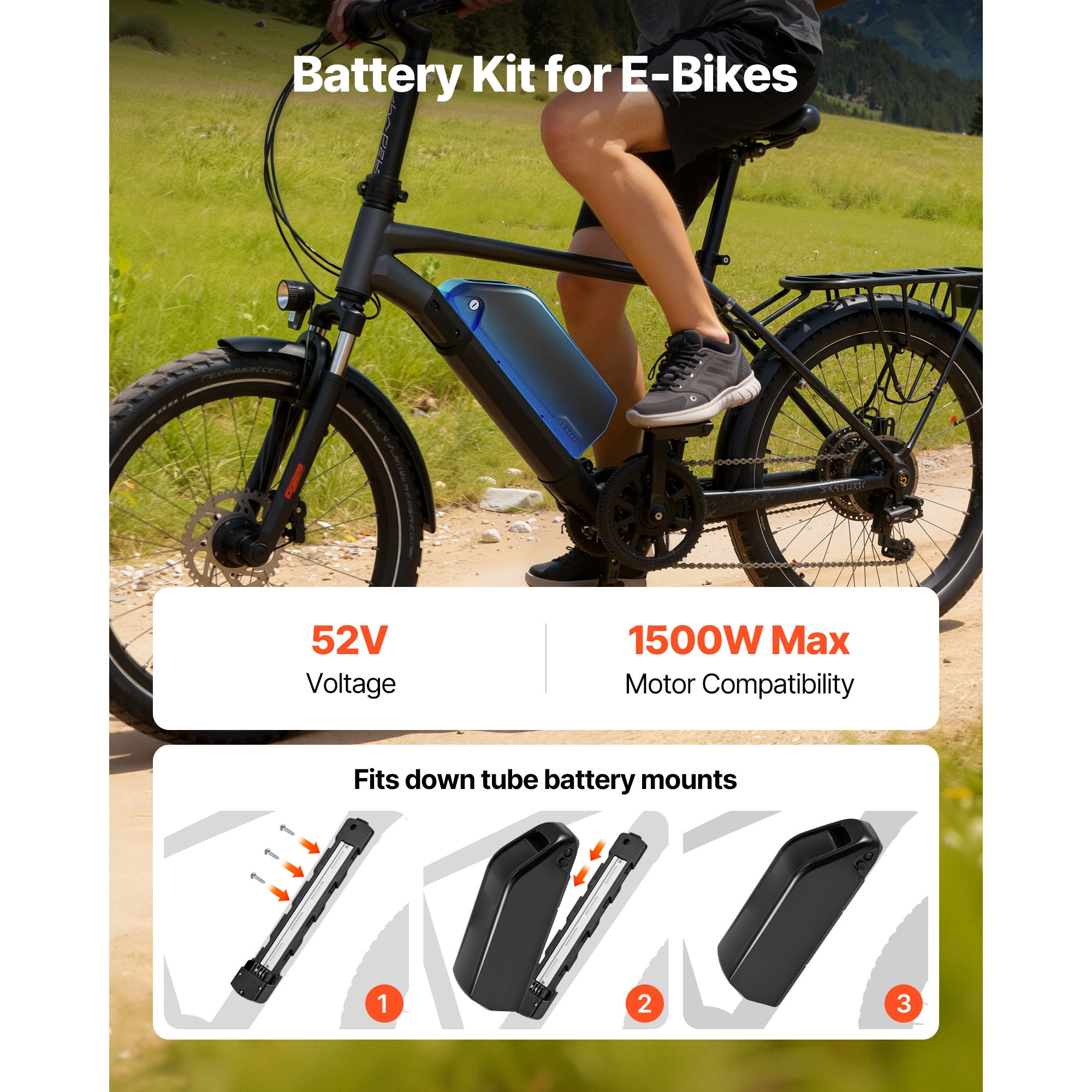 KFFKFF 52V 20Ah Electric Bike Lithium Battery Pack with BMS, 3A Charger, Lock, and Indicator for 1500W E-Bike Motors, Detachable Replacement Kit with Discharge Socket